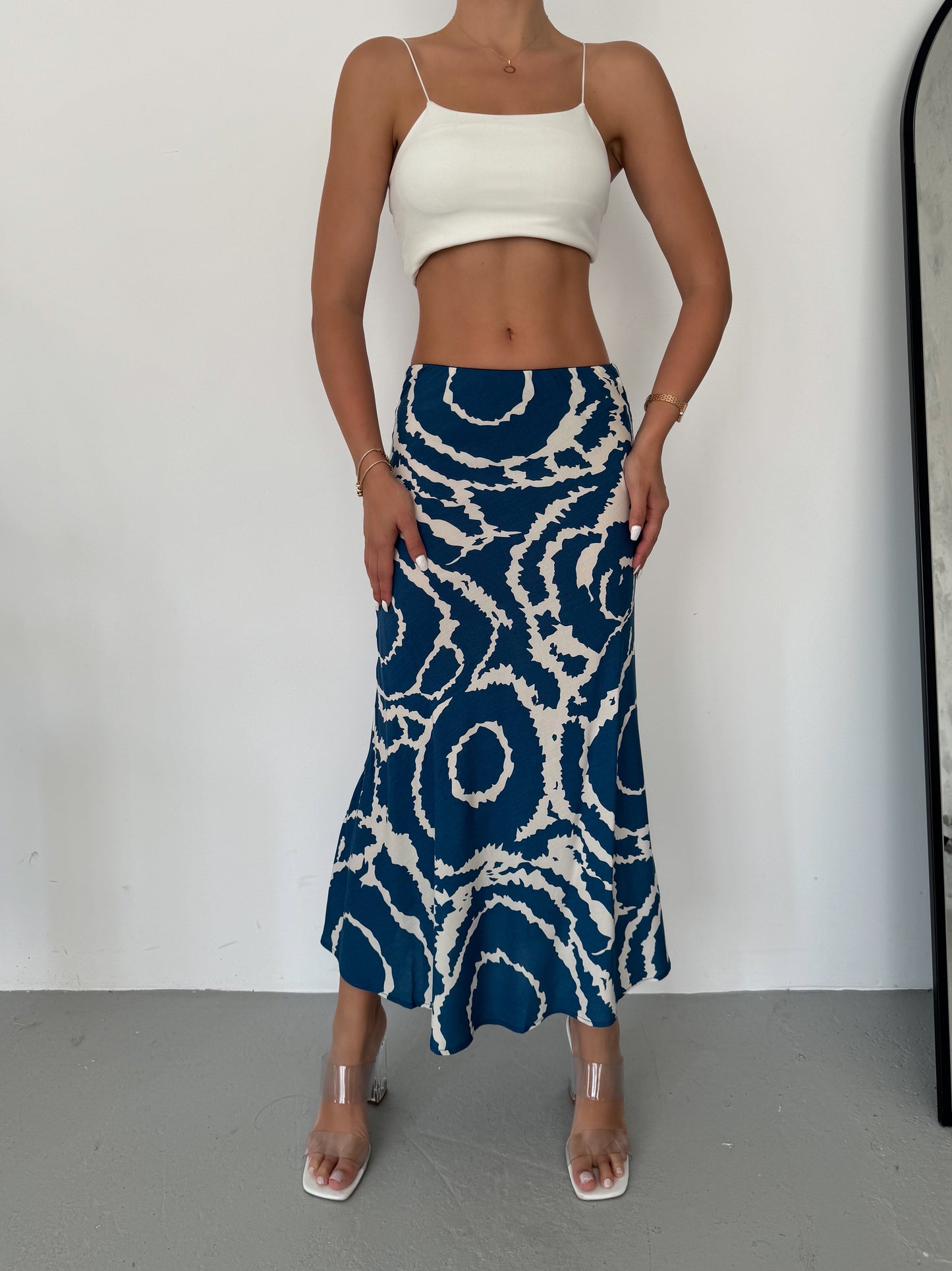 Satin Blue Wave Midi Skirt