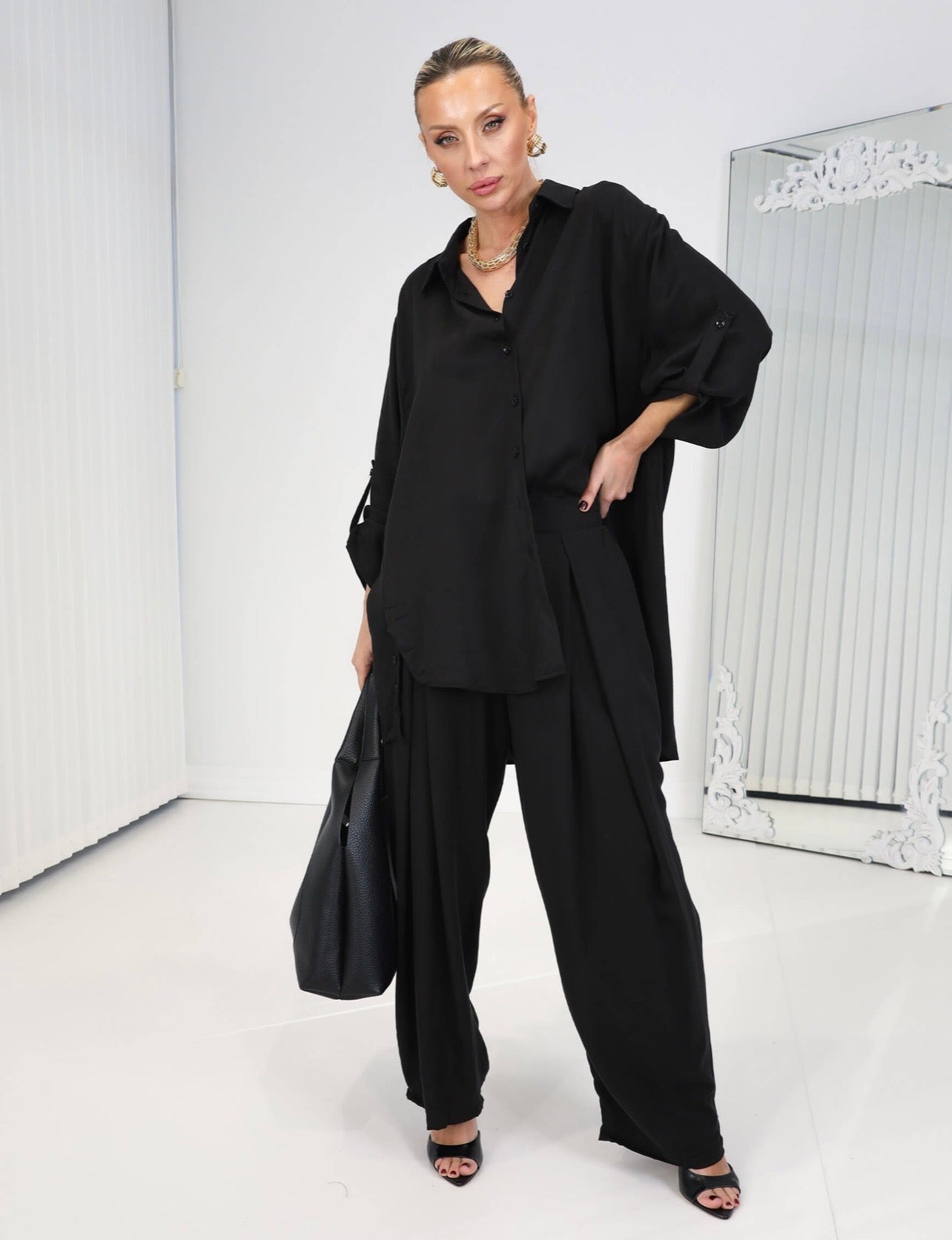Flowy Crepe Tencel Set – Button Detail Shirt & Wide-Leg Pants