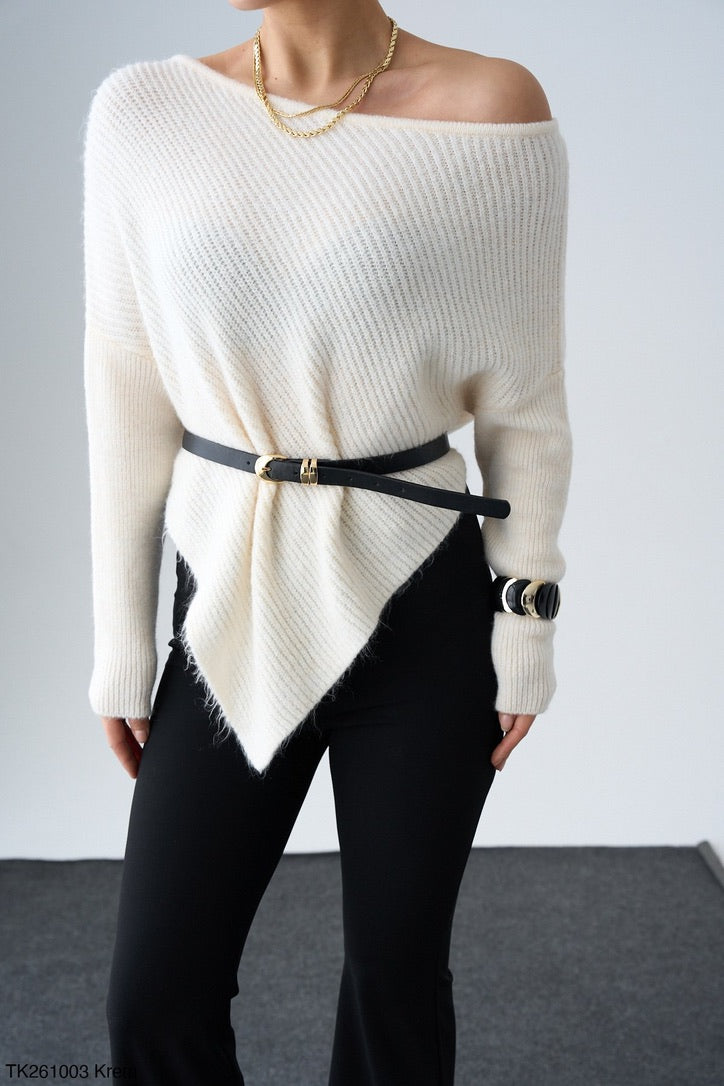 Off-OneShoulder Knit – Black / Cream / Dark Taupe