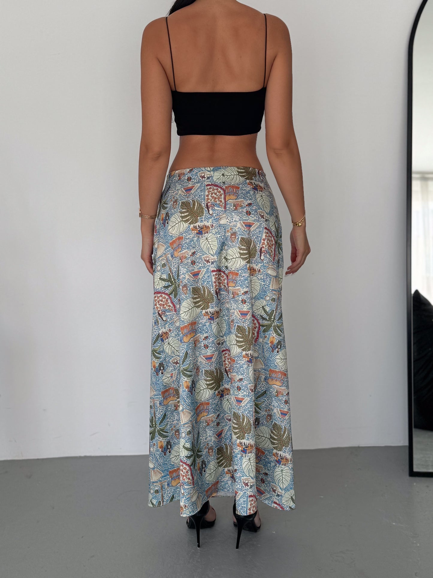 Printed Satin Midi Skirt