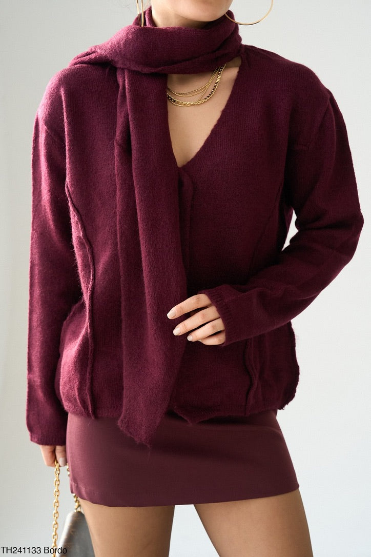 Scarf Detail Knit Top – White / Brown / Burgundy