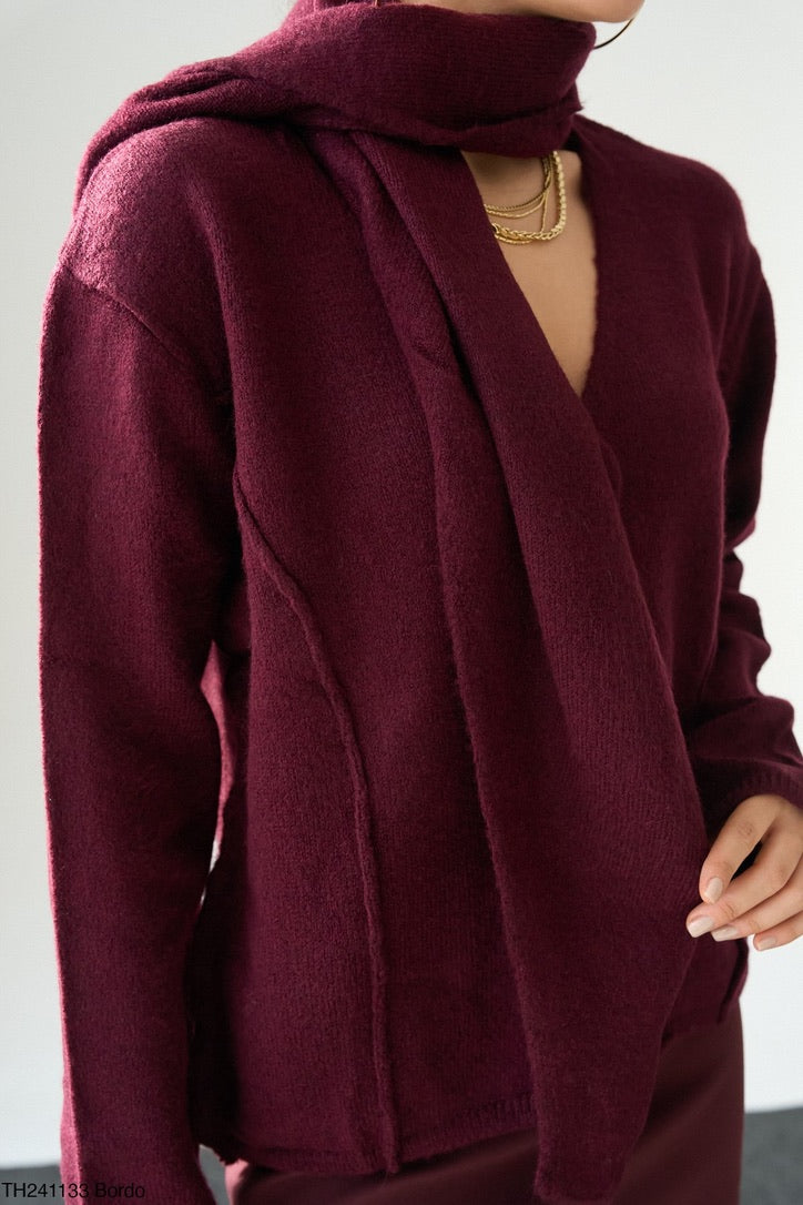 Scarf Detail Knit Top – White / Brown / Burgundy