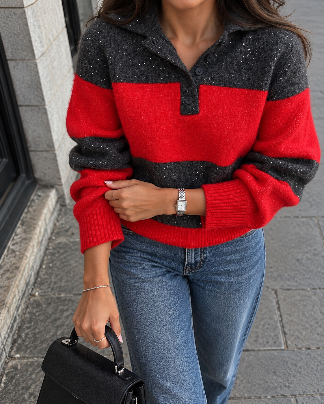 ⁨	Sparkle Stripe Polo Sweater