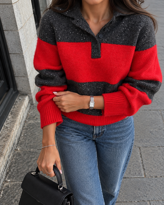⁨	Sparkle Stripe Polo Sweater