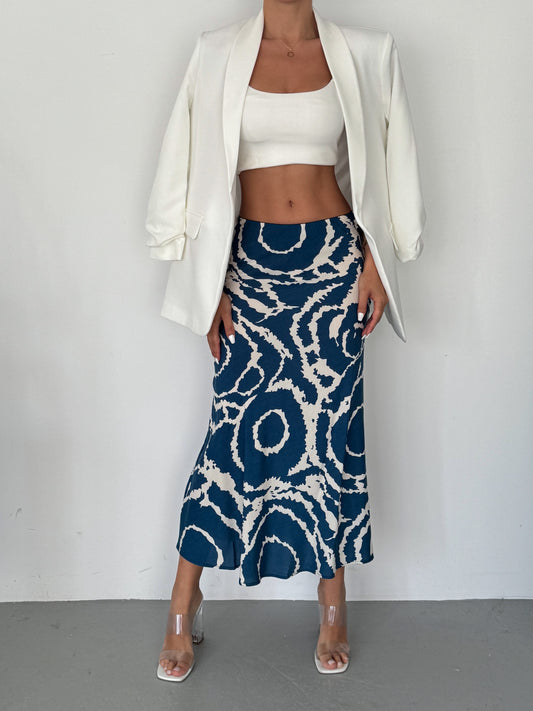 Satin Blue Wave Midi Skirt