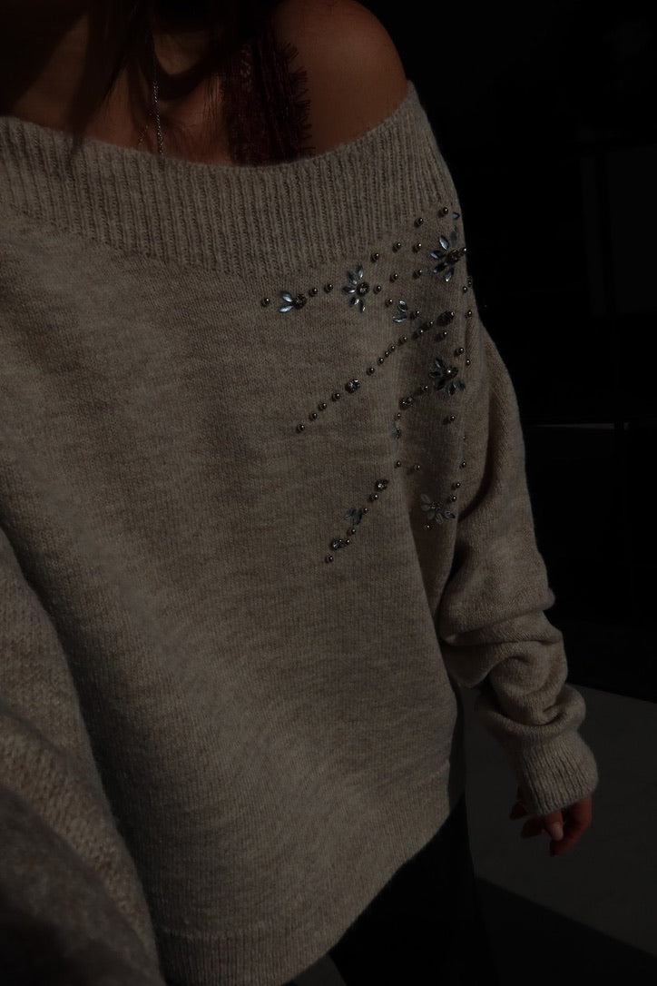 Beige Crystal Knit Sweater