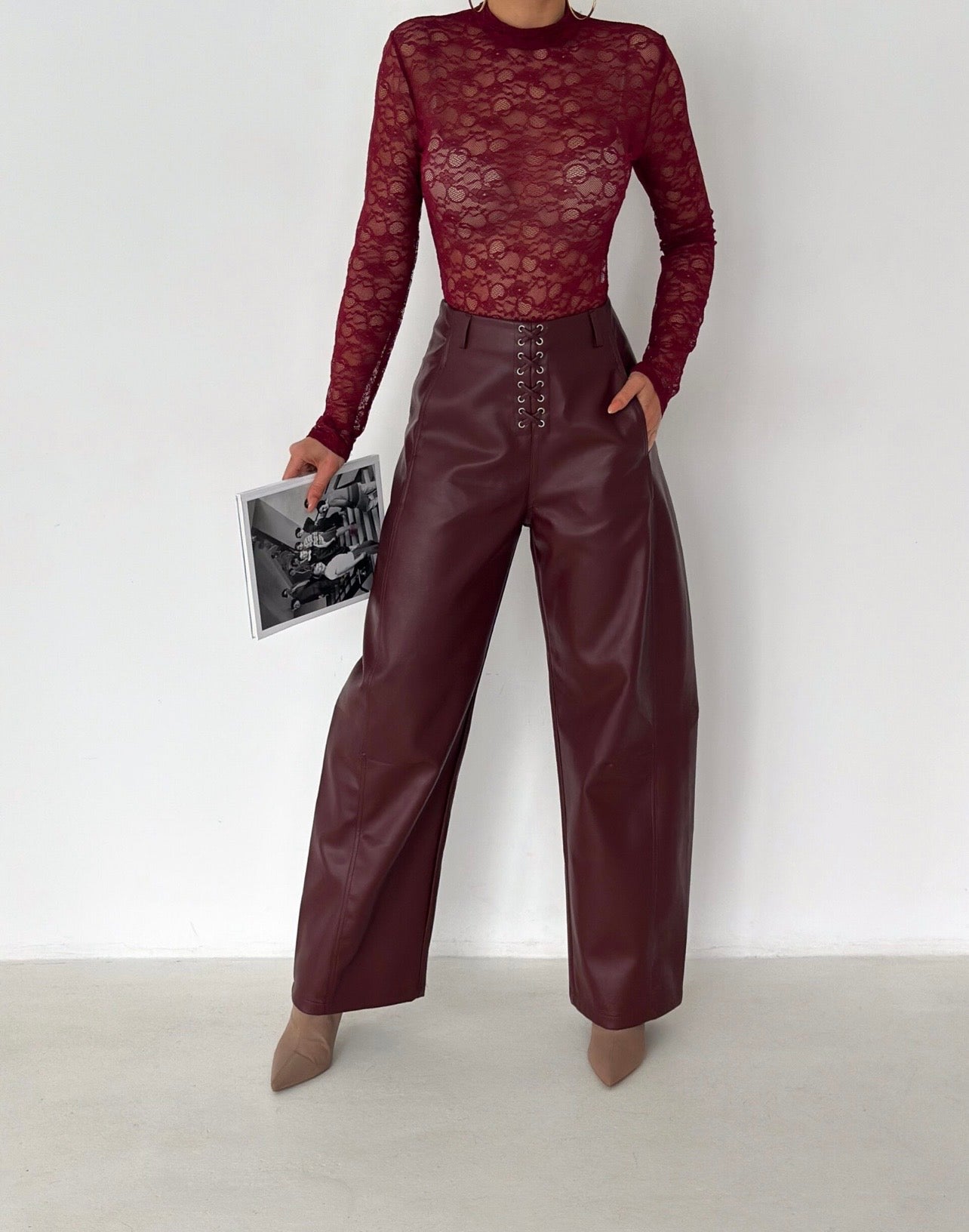 Lace-Up Faux Leather Wide Leg Pants