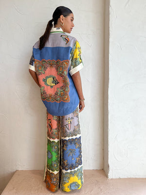 Colorful set , buttoned shirt and wide leg trouser
