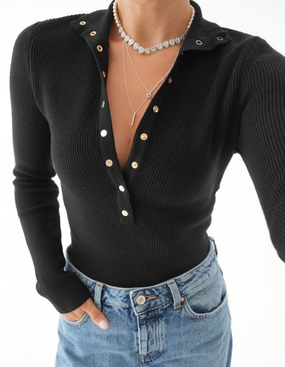 High Neck Button Detail Knit Top