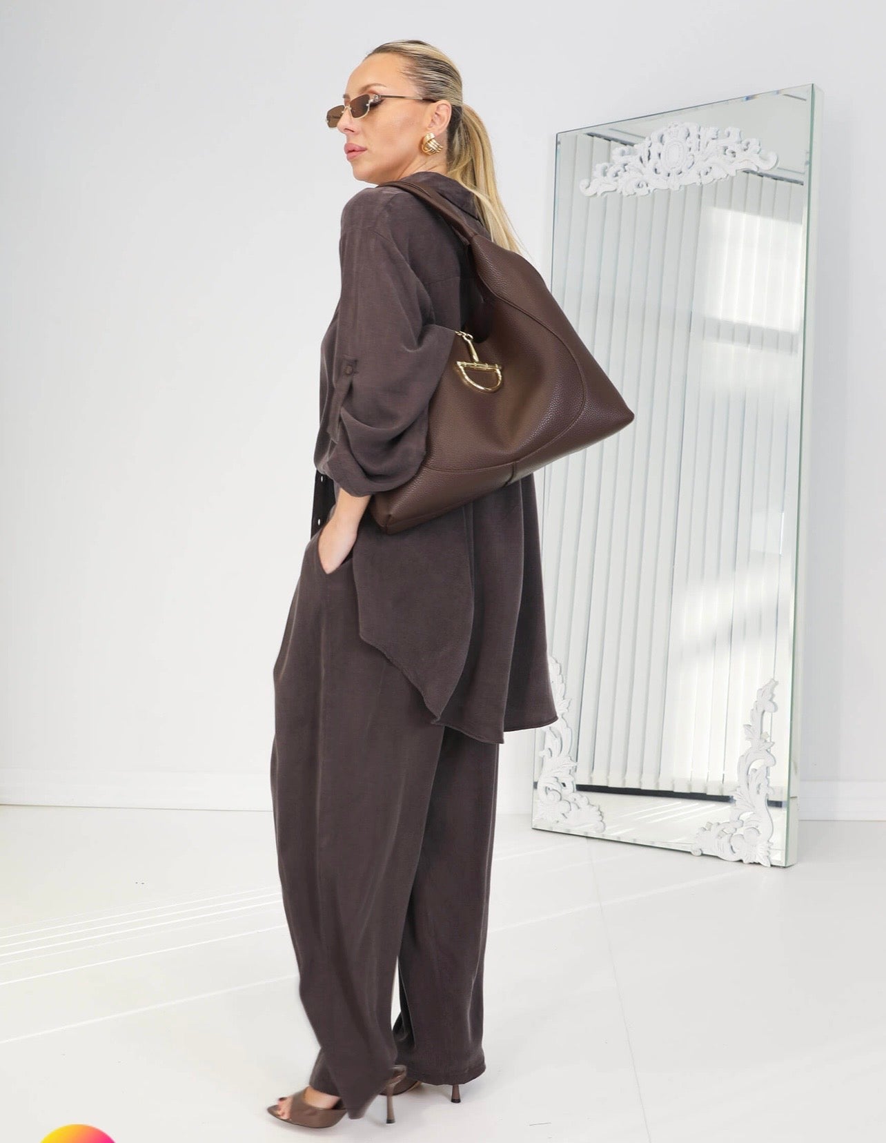 Flowy Crepe Tencel Set – Button Detail Shirt & Wide-Leg Pants