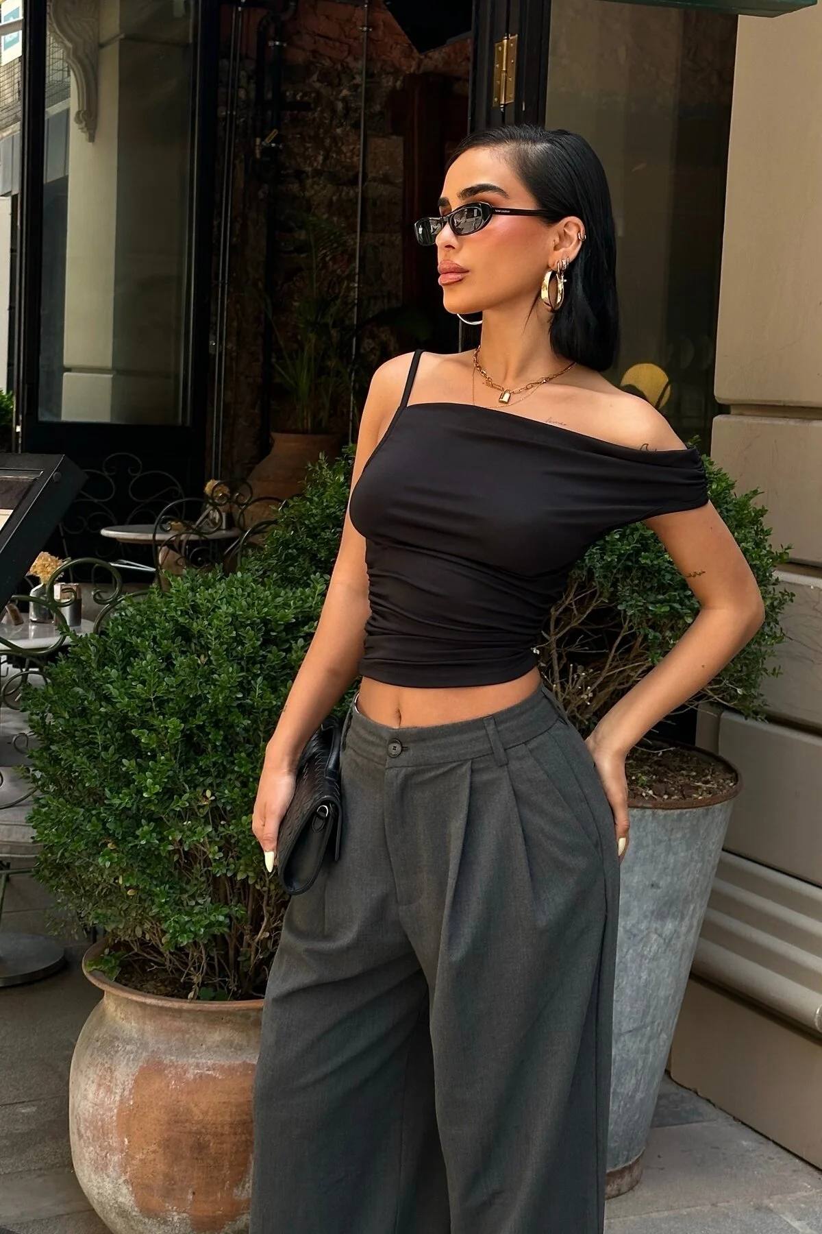 Asymmetric Off-Shoulder Lycra Top