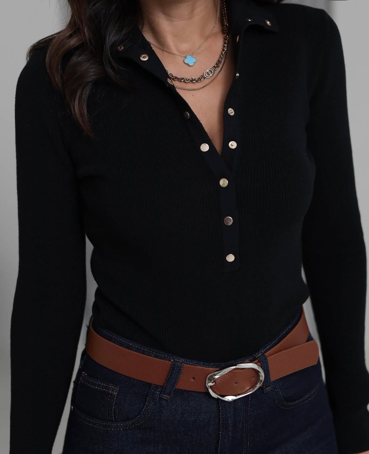 High Neck Button Detail Knit Top