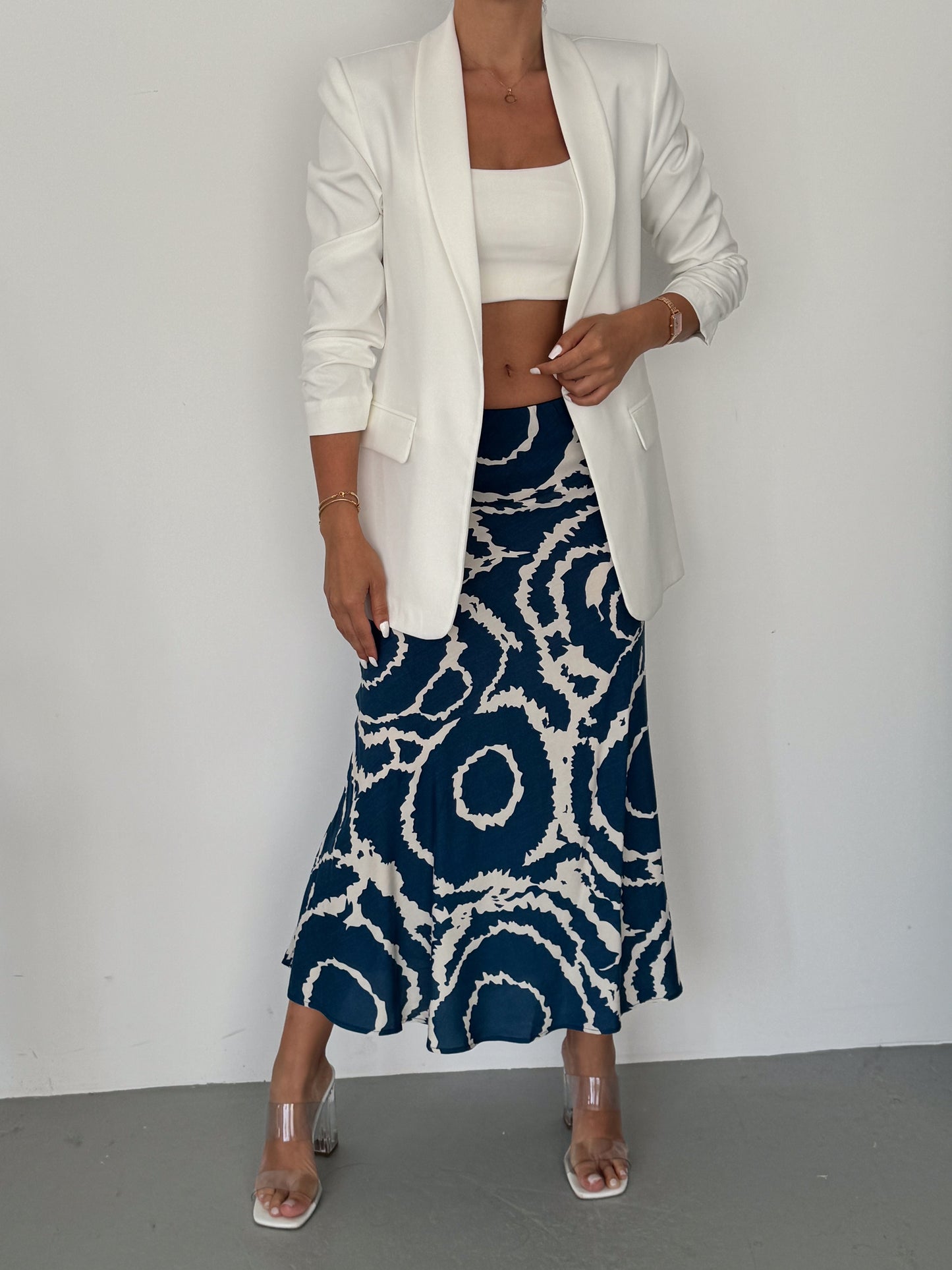 Satin Blue Wave Midi Skirt