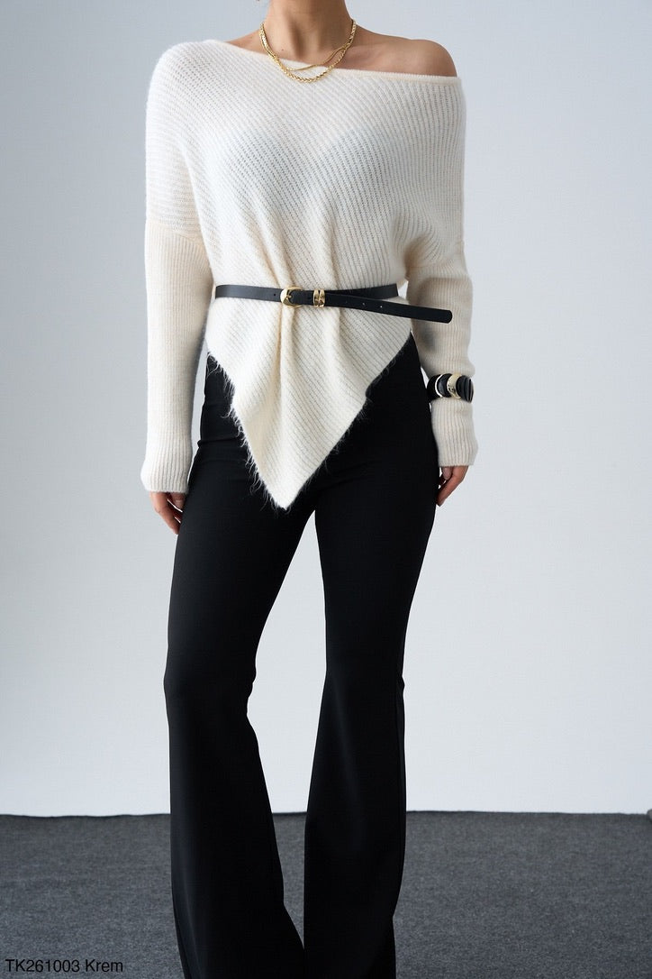 Off-OneShoulder Knit – Black / Cream / Dark Taupe