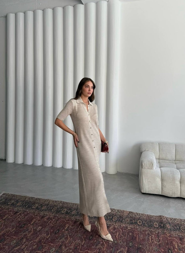 Ribbed Button Maxi Dress – Sand Beige