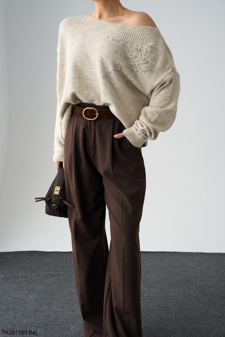 Beige Crystal Knit Sweater