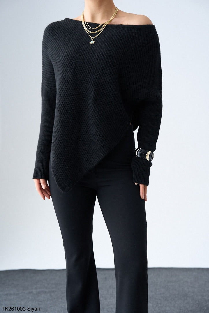 Off-OneShoulder Knit – Black / Cream / Dark Taupe