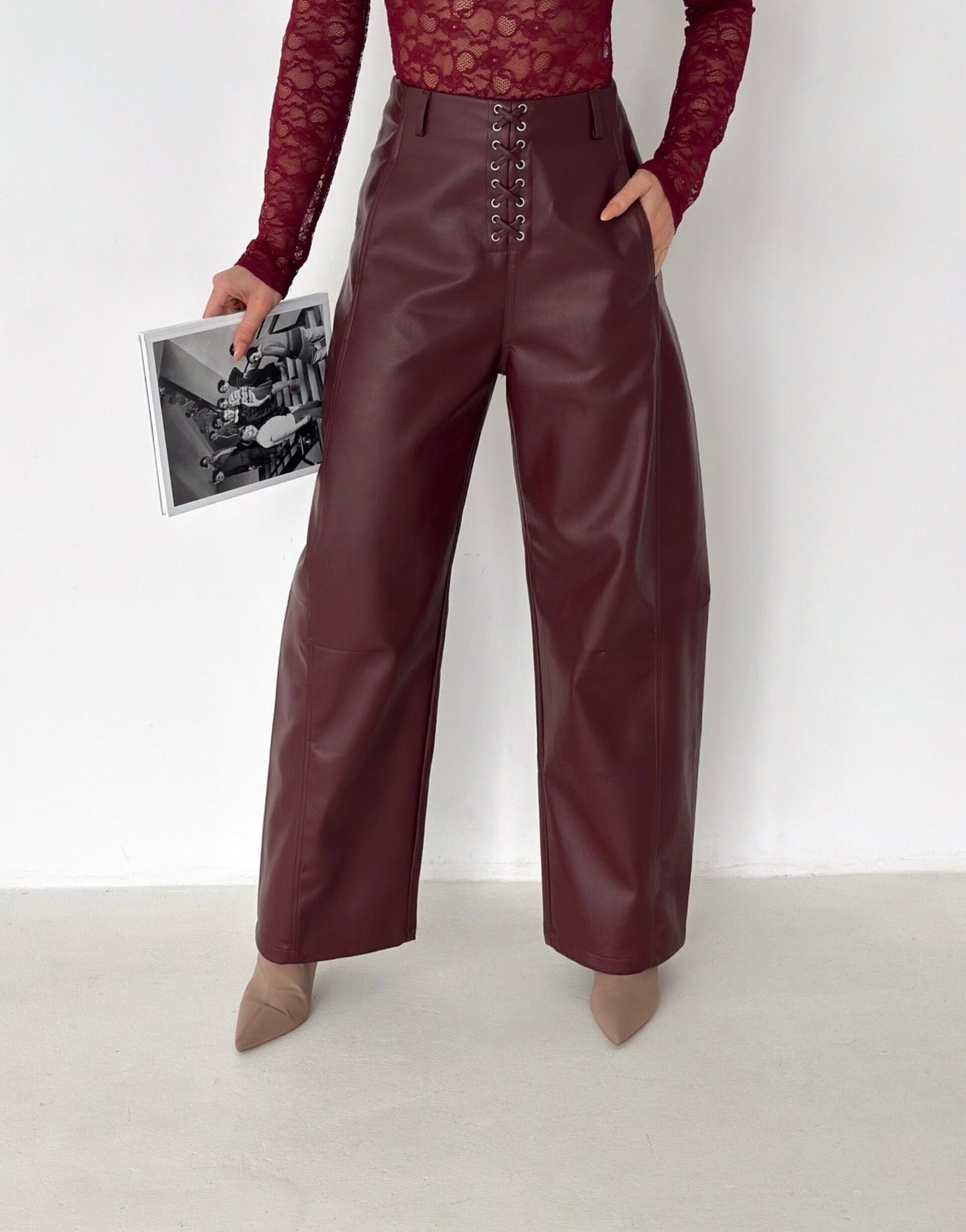 Lace-Up Faux Leather Wide Leg Pants