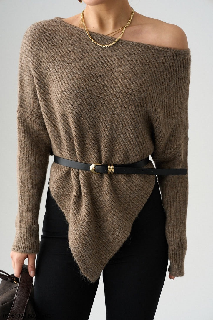 Off-OneShoulder Knit – Black / Cream / Dark Taupe