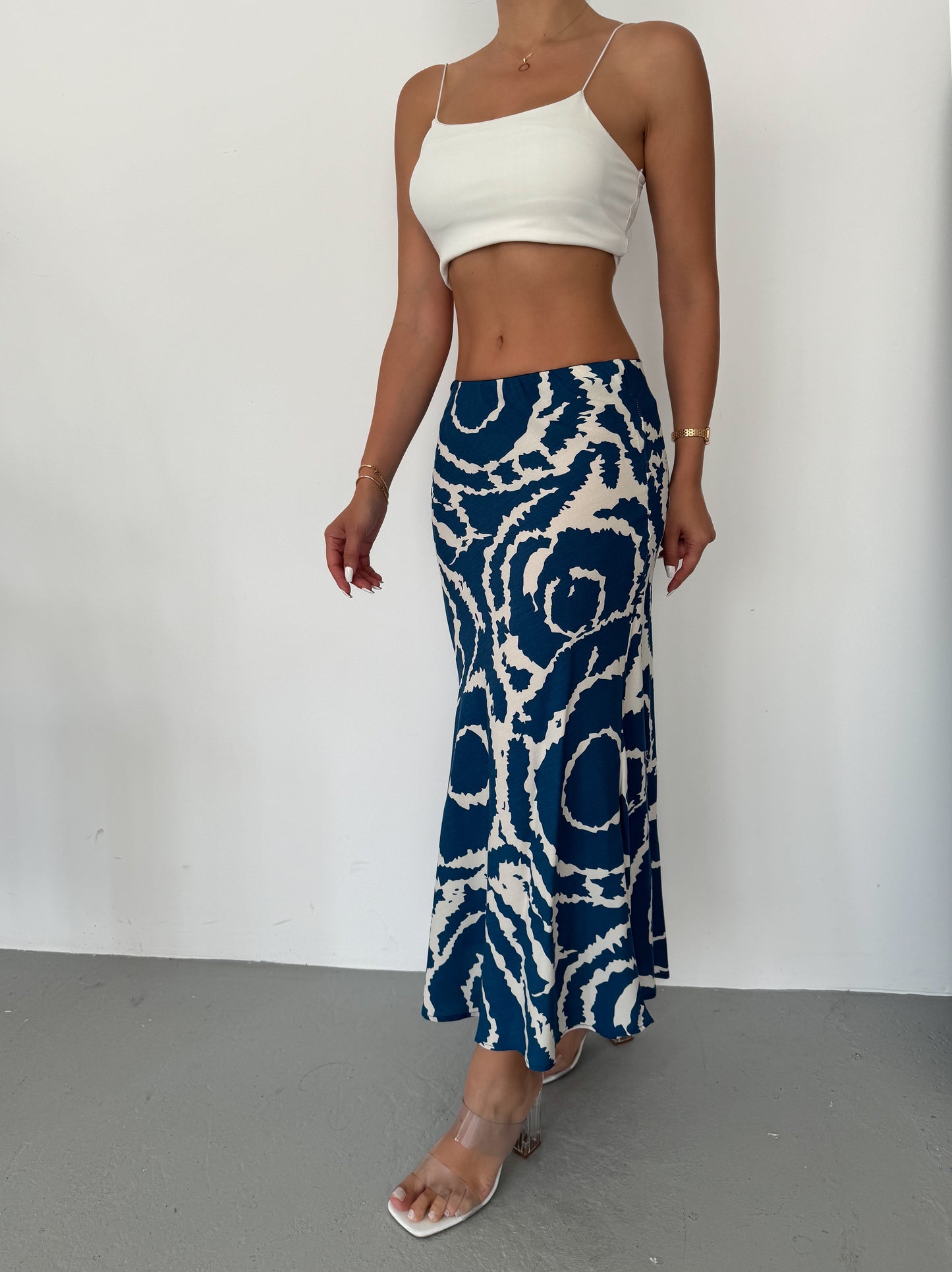 Satin Blue Wave Midi Skirt