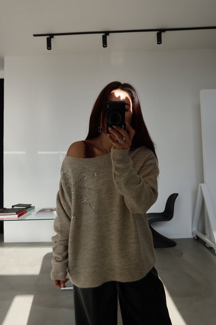 Beige Crystal Knit Sweater