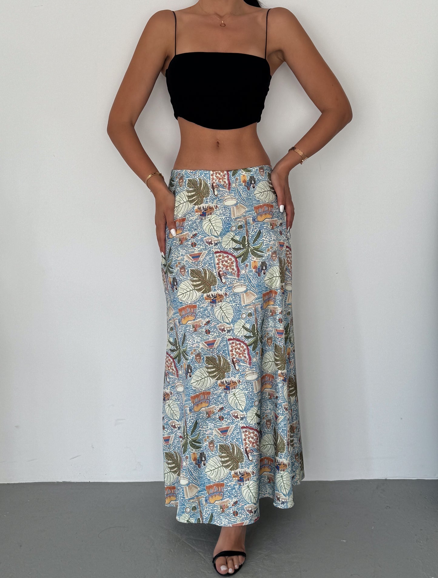 Printed Satin Midi Skirt