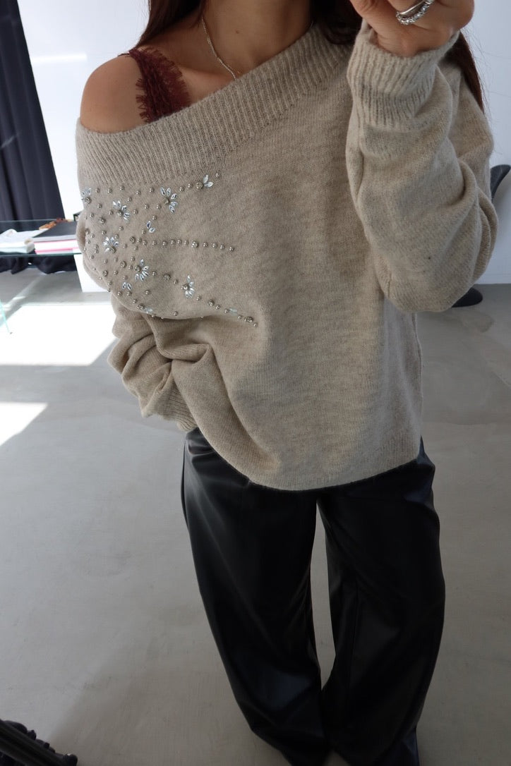 Beige Crystal Knit Sweater