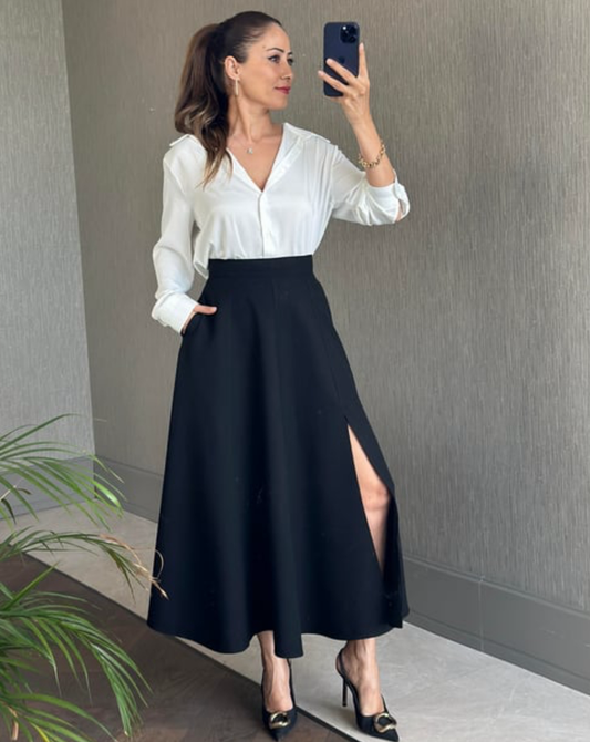 A-Line Midi Skirt with Pockets – Black