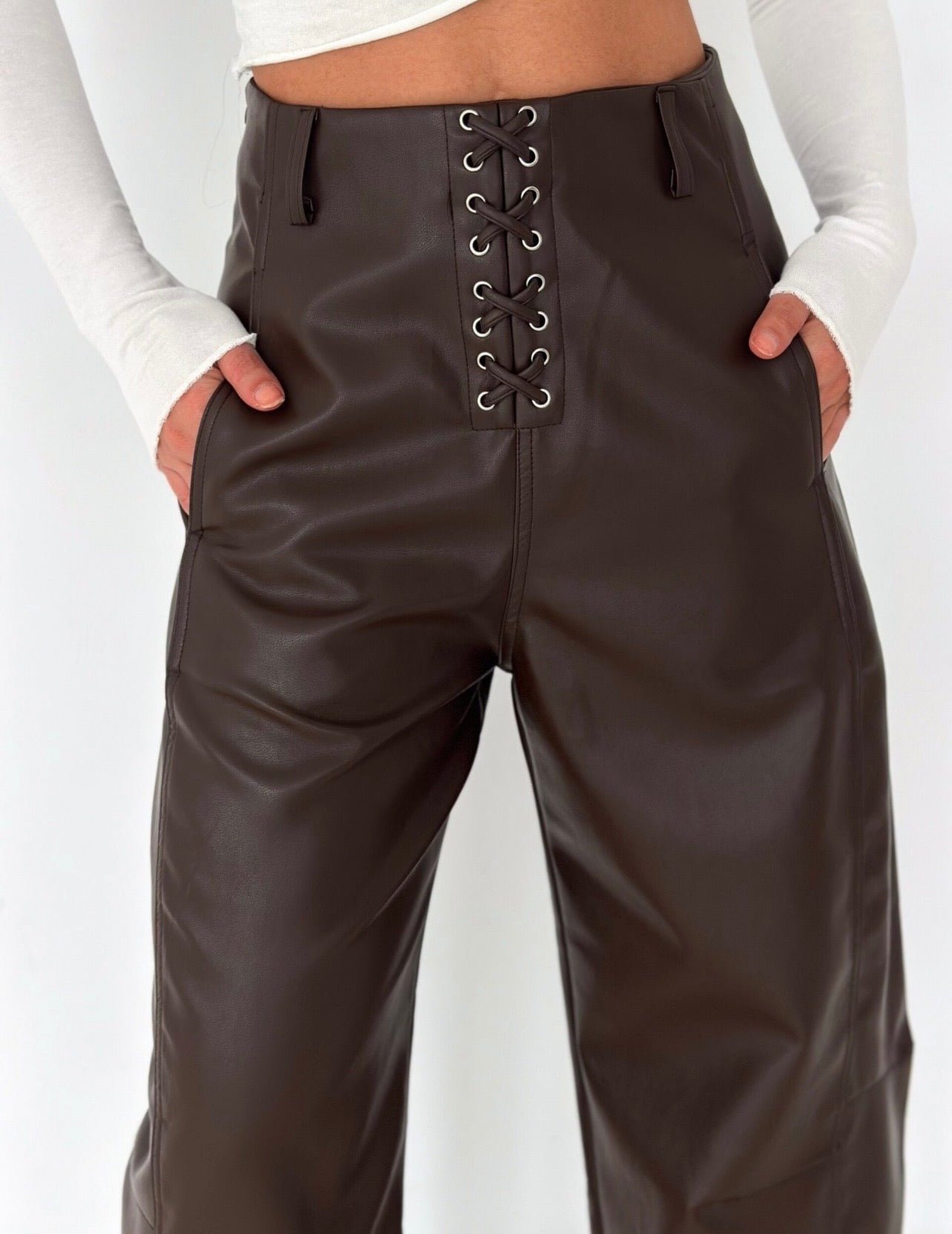 Lace-Up Faux Leather Wide Leg Pants