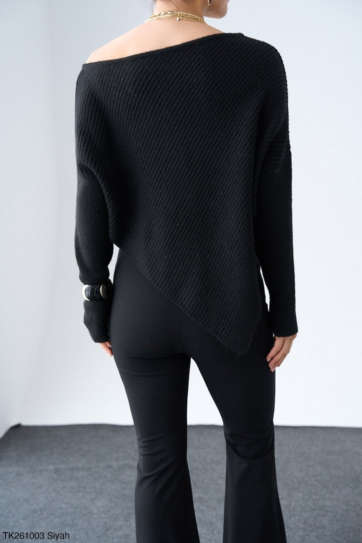 Off-OneShoulder Knit – Black / Cream / Dark Taupe