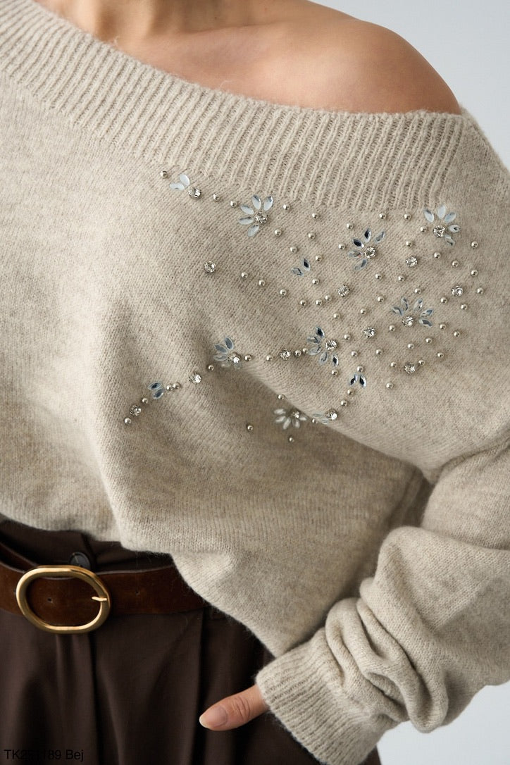 Beige Crystal Knit Sweater