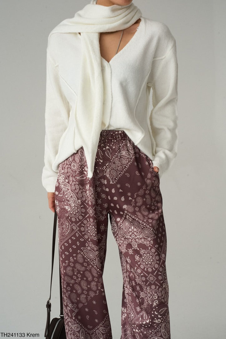 Scarf Detail Knit Top – White / Brown / Burgundy