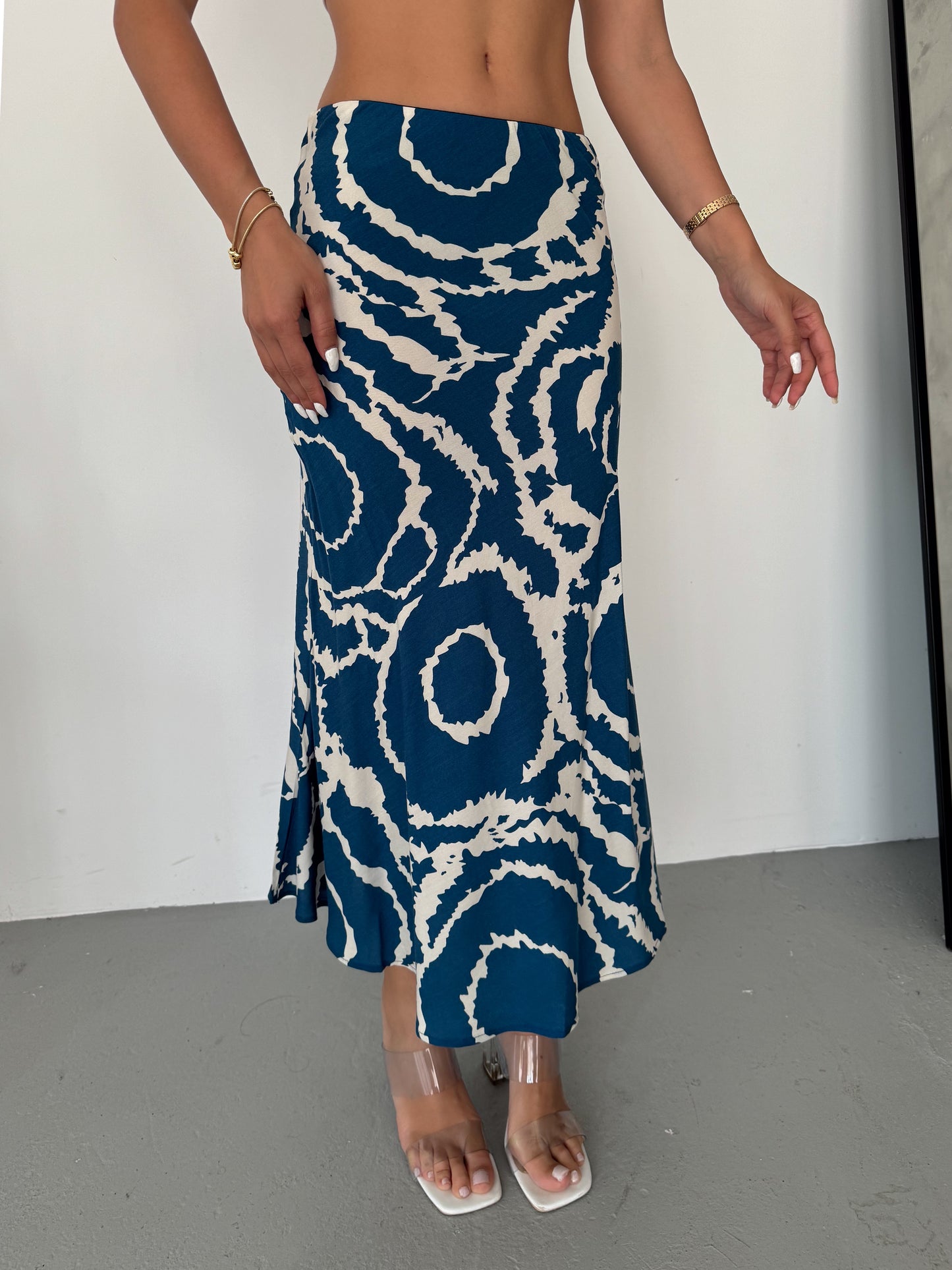 Satin Blue Wave Midi Skirt