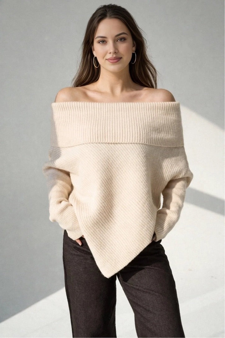 Off-Shoulders Knit Sweater – Beige / Off White