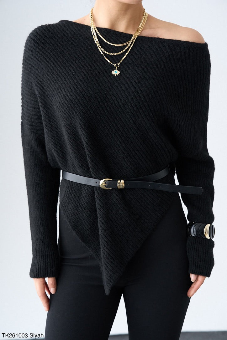 Off-OneShoulder Knit – Black / Cream / Dark Taupe