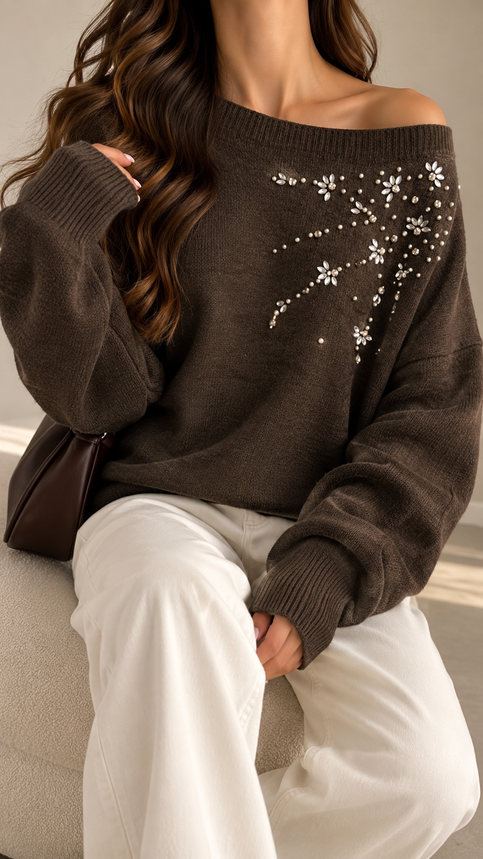 Embellished Boat Neck Knit Sweater
