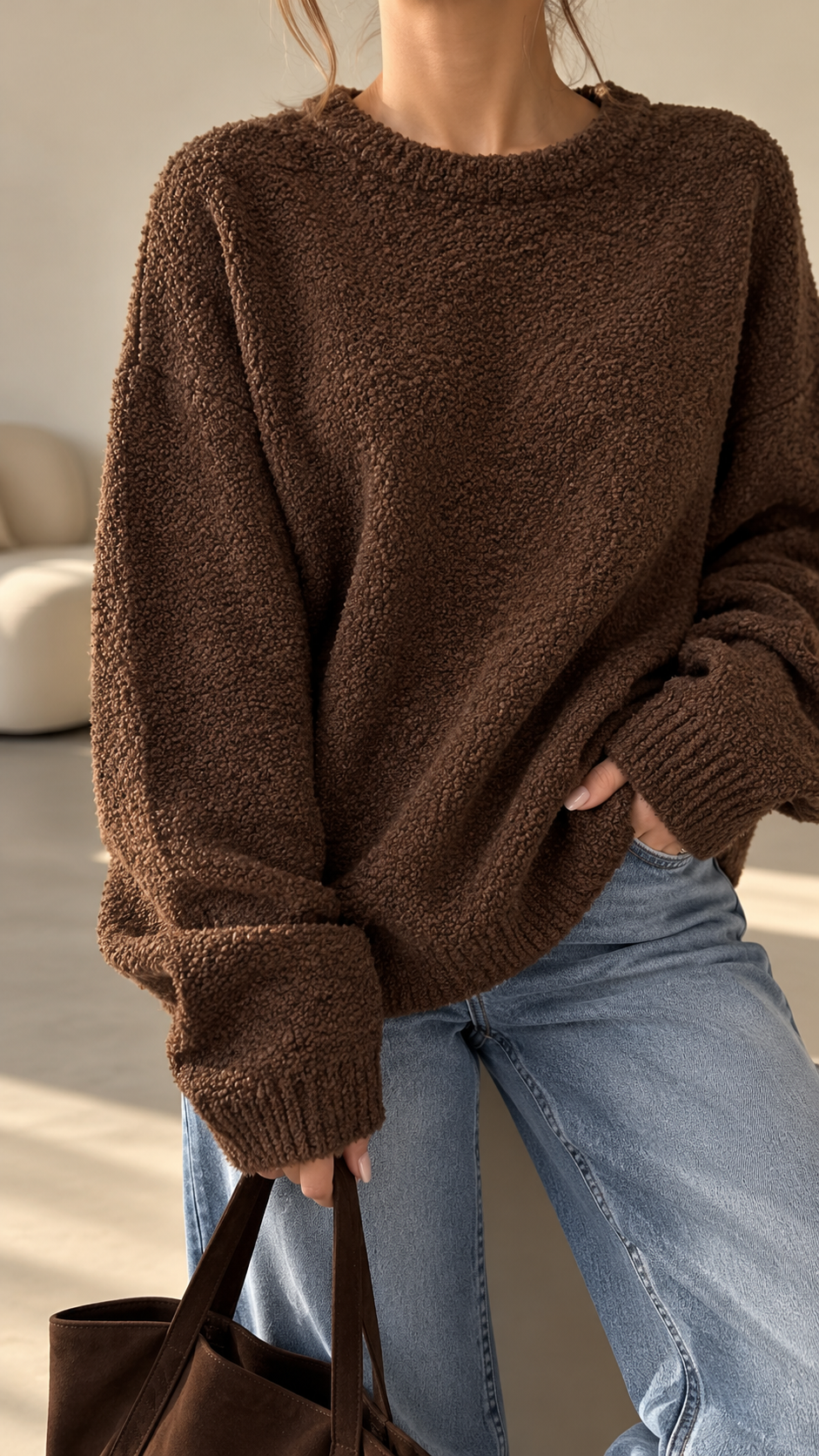 Chocolate Brown Bouclé Knit Sweater
