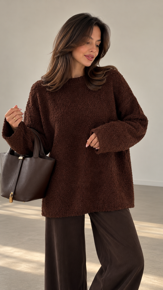 Chocolate Brown Bouclé Knit Sweater