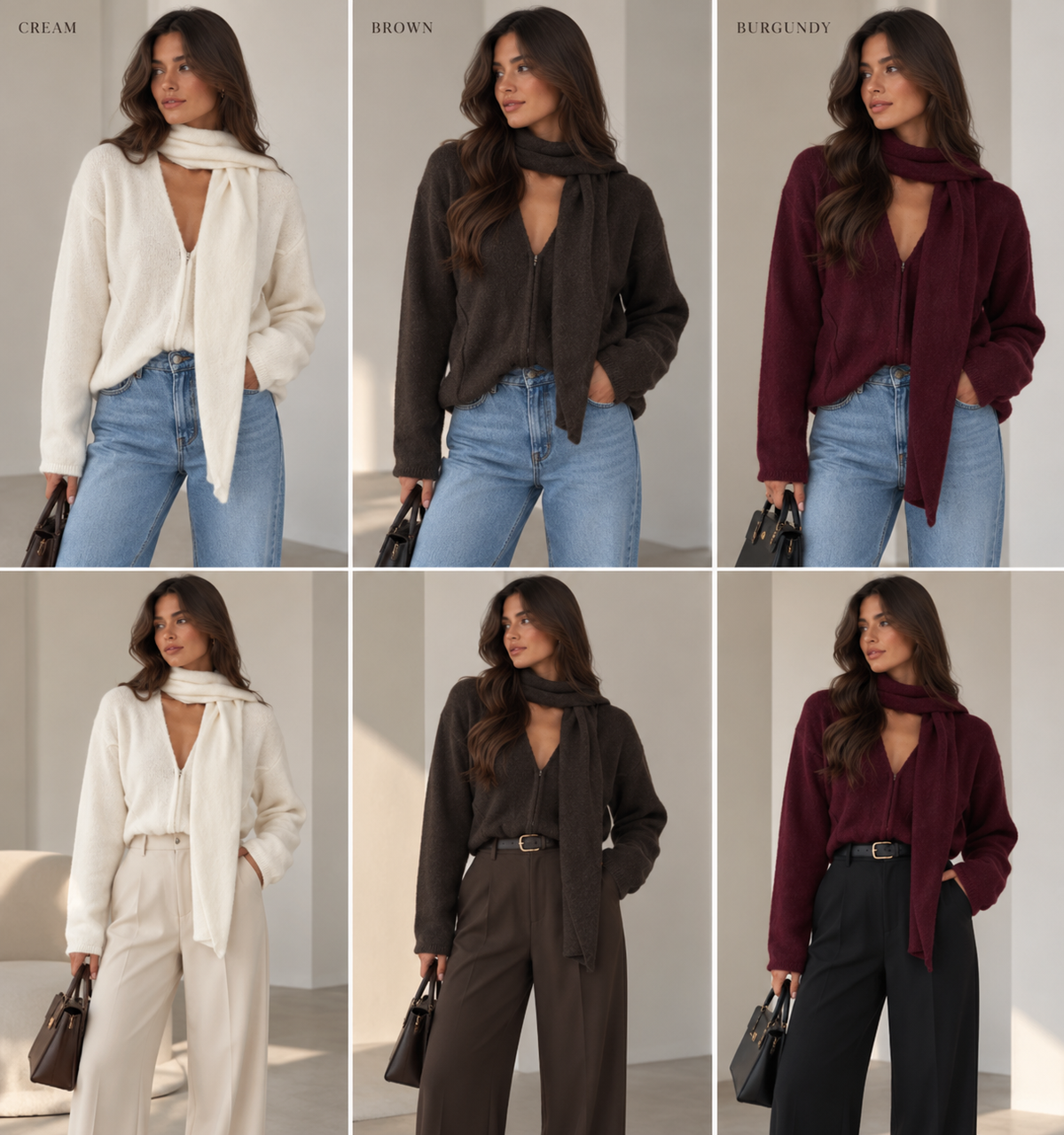 Scarf Detail Knit Top – White / Brown / Burgundy