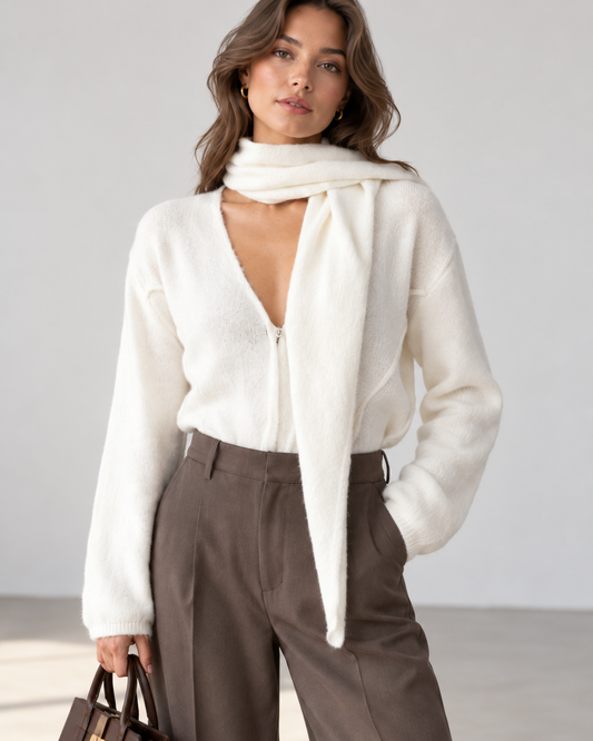 Scarf Detail Knit Top – White / Brown / Burgundy