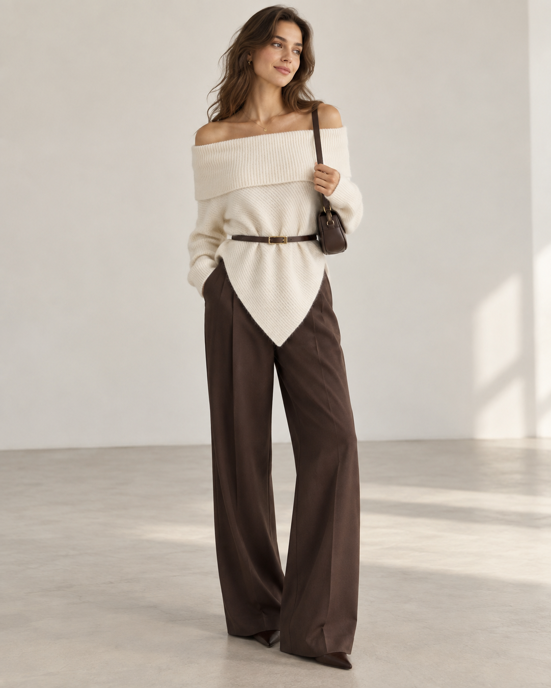 Off-Shoulders Knit Sweater – Beige / Off White