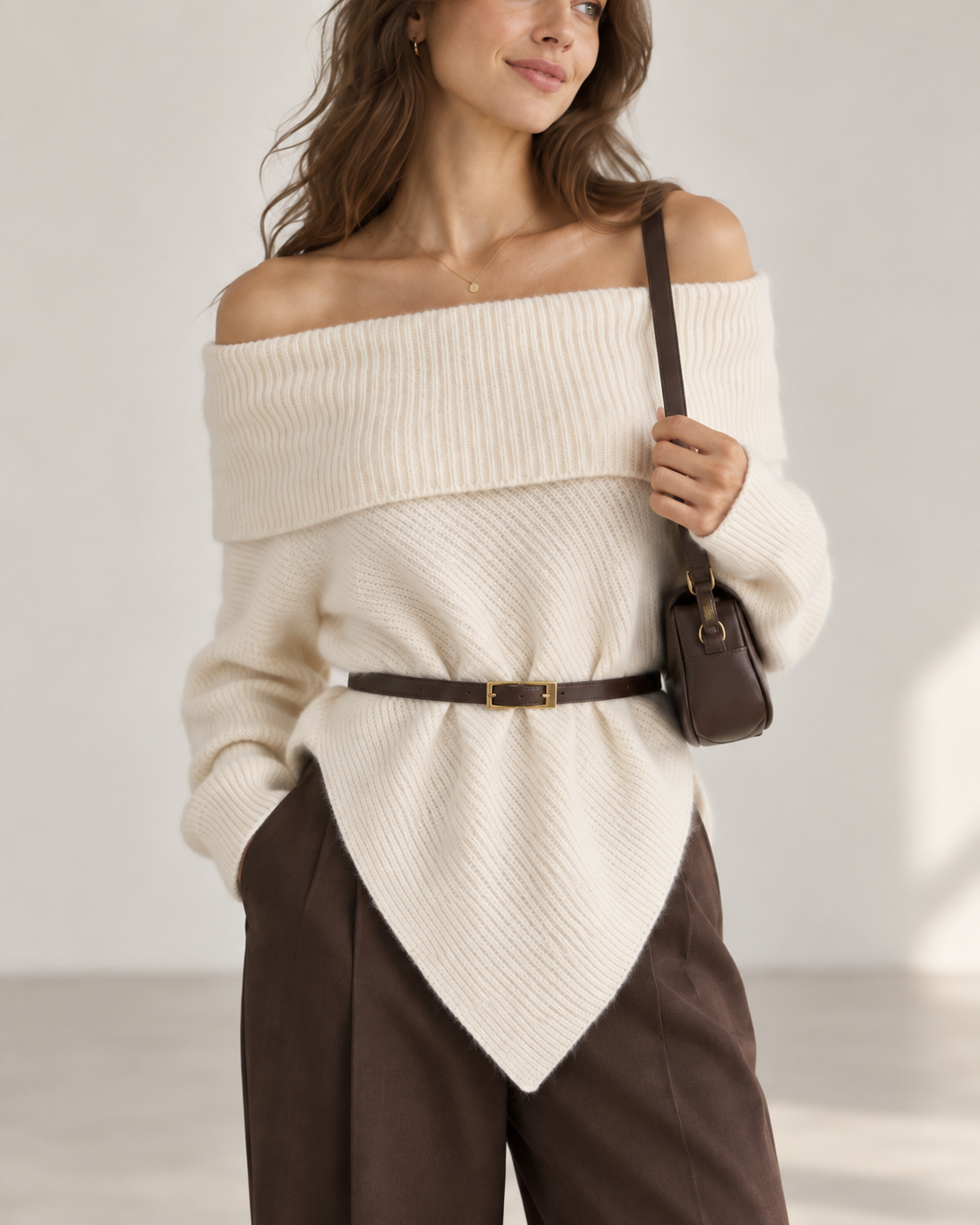 Off-Shoulders Knit Sweater – Beige / Off White