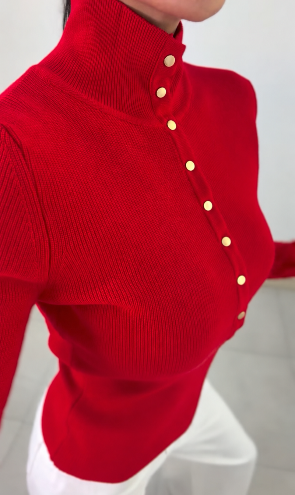 High Neck Button Detail Knit Top