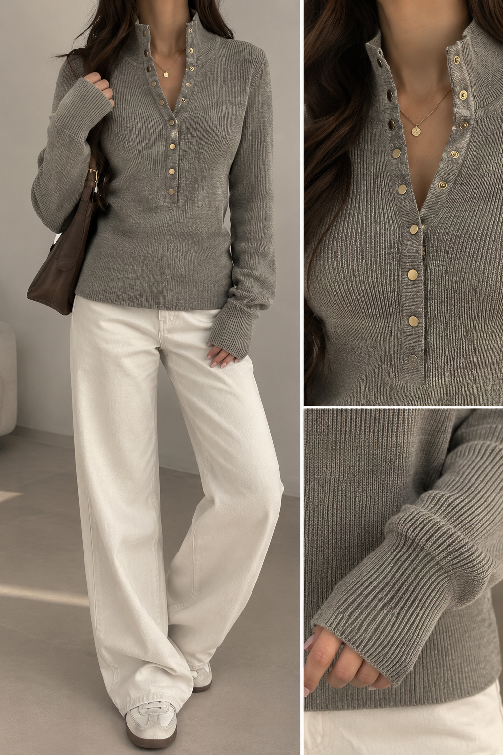 High Neck Button Detail Knit Top