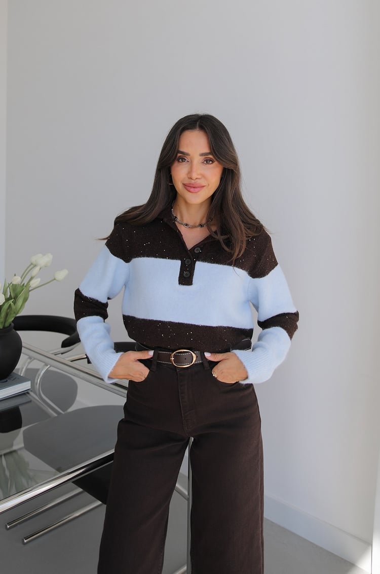⁨	Sparkle Stripe Polo Sweater