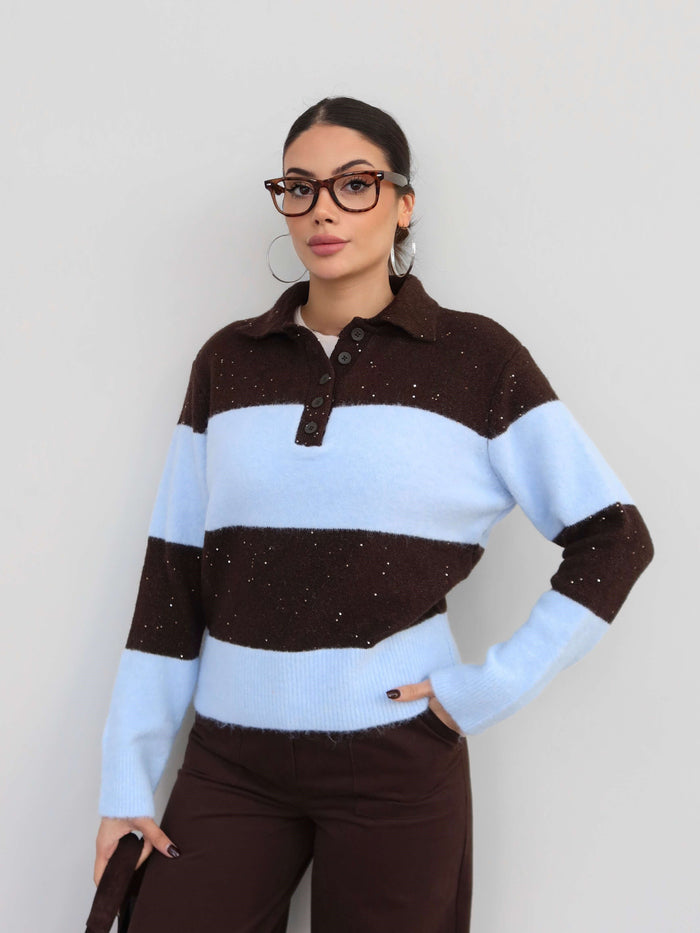 ⁨	Sparkle Stripe Polo Sweater