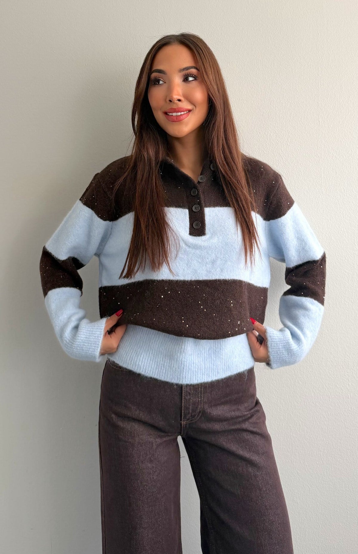 ⁨	Sparkle Stripe Polo Sweater