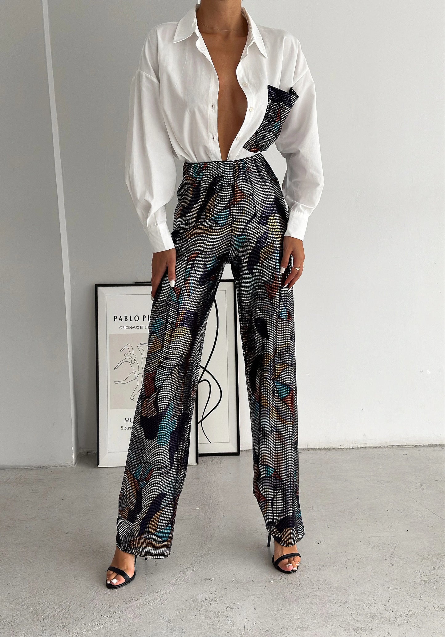 STRAIGHT FIT TROUSERS WITH SEQUINS AND OVERSIZED SHIRT