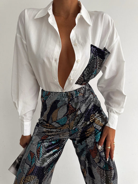 STRAIGHT FIT TROUSERS WITH SEQUINS AND OVERSIZED SHIRT