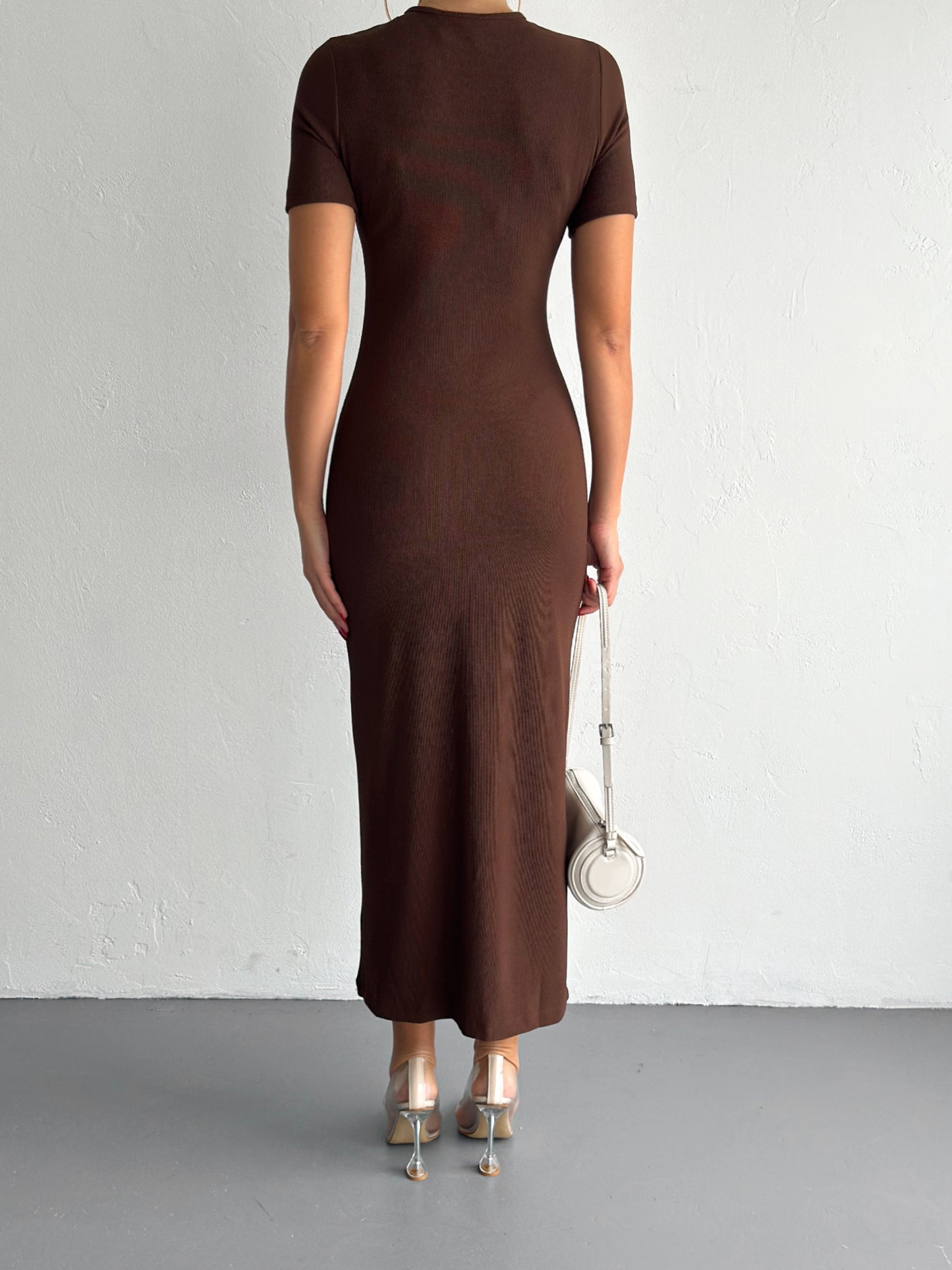 Elegant Ribbed Midi Dress with Gold Accents - Half Sleeves